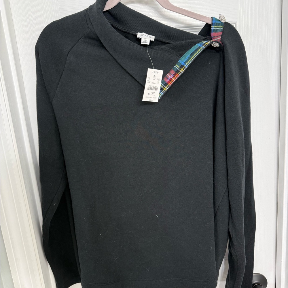 J. Crew Tartan wide jeweled button neck pullover swearshirt